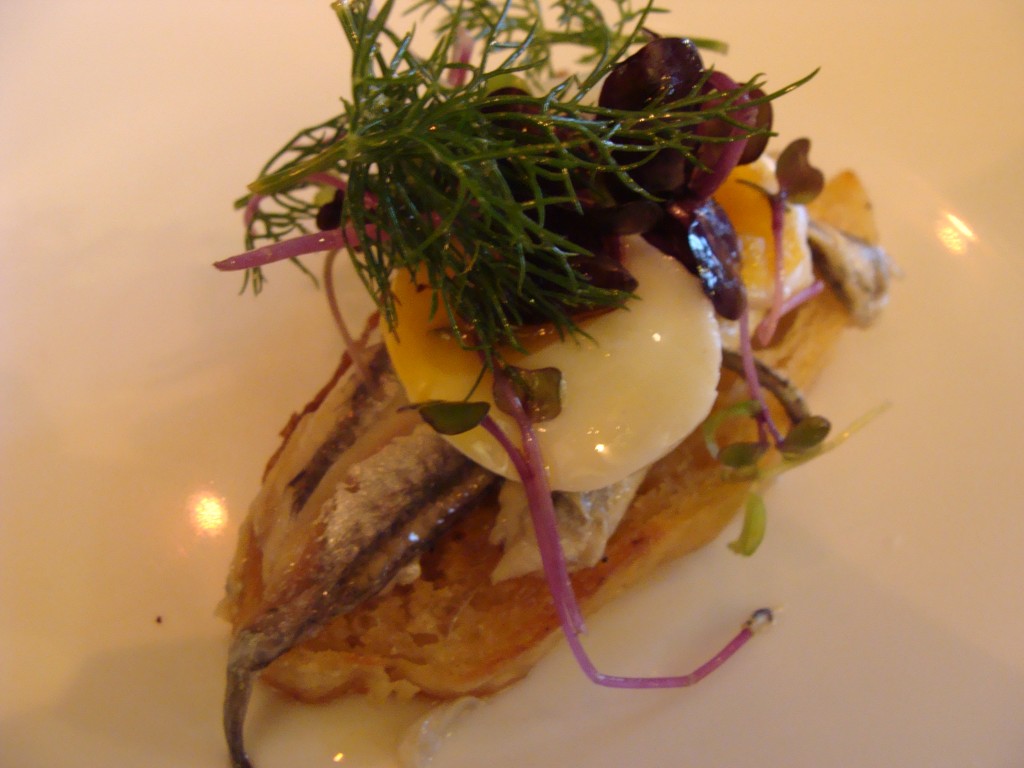 Anchovies with quail egg at Perfect Drop