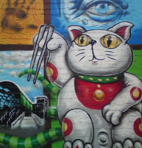 cat with chopsticks at Footscray train station