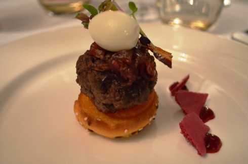 F1 Wagyu open burger, toasted brioche, quail egg, onion jam and beetroot crisps by Sharn Greiner 